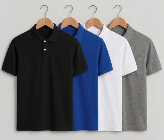 Four short-sleeve polo shirts on wooden hangers against a light gray background, shown in black, blue, white, and heather gray. Large text at the bottom reads 'PACK OF 4'.